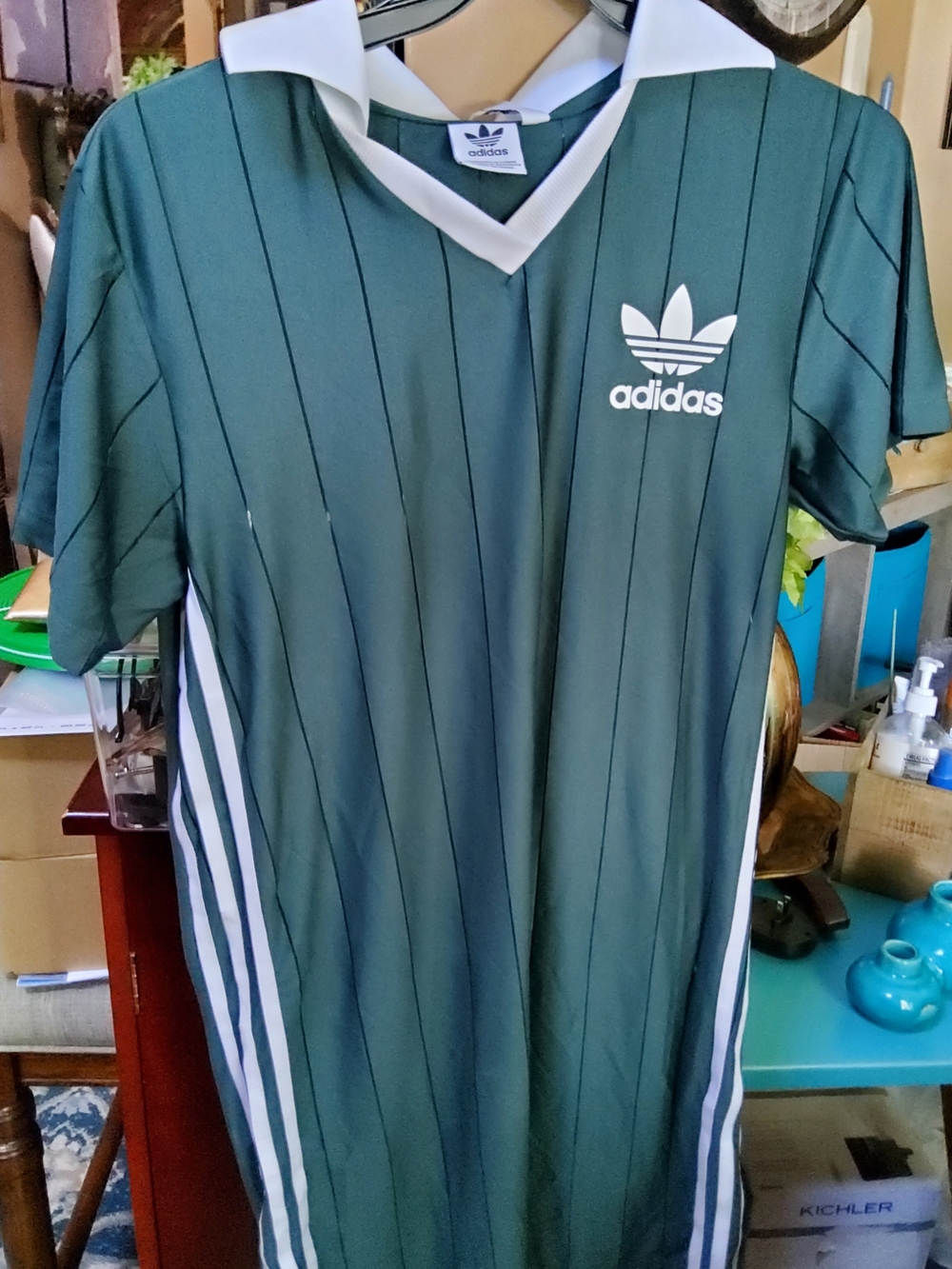 Adidas Green Pinstripe Polo-Style Soccer Jersey with White Accents SZ S